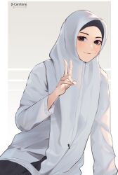 1girl absurdres blush brown_eyes closed_mouth grey_background hand_up headscarf highres hijab hood long_sleeves looking_at_viewer lufi_ays muslim original shirt simple_background smile solo upper_body v white_background white_headscarf white_hijab white_shirt