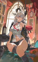 1girl absurdres black_choker black_eyes black_gloves black_horns black_panties black_socks breasts choker commentary cup curled_horns drinking_glass earrings english_commentary foot_out_of_frame gloves grey_hair hair_between_eyes highres holding holding_cup horns indoors jewelry key_earrings large_breasts linea_alba looking_at_viewer multicolored_eyes navel necktie no_shoes panties red_eyes red_necktie saturn_(saturn_illus) shirt sitting socks solo stomach thighs toned toned_female two-tone_eyes underwear white_shirt wine_glass wuthering_waves zani_(wuthering_waves)