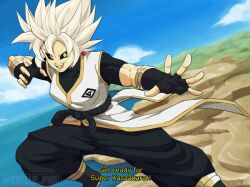 1girl baggy_pants belt black_gloves black_sclera black_shirt blonde_hair blue_sky breasts bright_pupils colored_sclera colored_skin commentary day dragon_ball dragon_ball_xenoverse earrings english_commentary fake_subtitles fangs female_majin fingerless_gloves fusion gloves grass highres jewelry krello_png looking_to_the_side medium_breasts mirai_senshi muscular muscular_female ocean open_hand open_mouth pants pointy_hair potara_earrings rock shirt sky white_pupils yellow_eyes yellow_skin