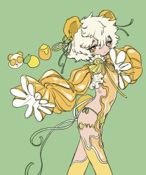 Rule 34 | 1boy, animal ears, blonde hair, closed mouth, commentary request, cowboy shot, dress, ear piercing, frilled sleeves, frills, green background, green eyes, hands up, highres, long sleeves, male focus, multicolored eyes, original, panda boy, panda ears, panda tail, pelvic curtain, piercing, see-through clothes, see-through dress, shima (wansyon144), short hair, simple background, smile, solo, standing, thighhighs, three emoji challenge, trap, yellow dress, yellow eyes, yellow thighhighs