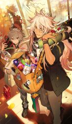 Rule 34 | 1girl, 3boys, bag, black shirt, black shoes, bow, box, bracelet, brown pants, brown shoes, chest markings, christmas, commentary, demon pillar (fate), diffraction spikes, falling, fate/grand order, fate (series), flower, flower request, flying, from above, gift, gift bag, gift box, glowing, green eyes, green sweater, grey hair, hair between eyes, hat, hippogriff (fate), holding, holding bag, indoors, ishtar (fate), itefu, jacket, jewelry, karna (fate), long hair, long sleeves, male focus, medium hair, multiple boys, official alternate costume, official art, open bag, open clothes, open jacket, orange bag, pants, paper, parted lips, petals, plaid clothes, plaid pants, red bag, red bow, red eyes, red flower, red ribbon, ribbon, saint quartz (fate), santa hat, shirt, shoes, sidelocks, sieg (fate), siegfried (fate), snowflakes, sparkle, sweater, teeth, third-party source, too many, too many bags, tree, tube, walking, white flower, white hair, white sweater, window