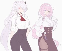 Rule 34 | 2girls, acheron (honkai: star rail), alternate costume, ascot, black pants, black pantyhose, black skirt, blue eyes, breasts, bright pupils, center frills, closed mouth, collared shirt, elysia (honkai impact), frills, gloves, hair ornament, hair over one eye, hand on own hip, hand up, high-waist skirt, highres, honkai: star rail, honkai (series), honkai impact 3rd, in-franchise crossover, large breasts, long hair, long sleeves, looking at viewer, multiple girls, one eye closed, pants, pantyhose, pink hair, pink pupils, pointy ears, ponytail, red ascot, red eyes, samlatte, shirt, shirt tucked in, side slit, sidelocks, signature, simple background, skirt, smile, thigh strap, tight clothes, tight pants, very long hair, white background, white gloves, white hair, white pupils, white shirt