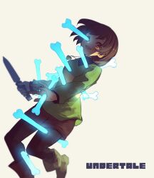 1girl :d ankle_boots backlighting black_pantyhose black_undershirt bob_cut bone boots breasts brown_boots brown_hair brown_shorts chara_(undertale) commentary_request copyright_name dagger foot_out_of_frame genderswap genderswap_(otf) glowing green_shirt holding holding_dagger holding_knife holding_weapon knife layered_sleeves leaning_back looking_at_viewer open_mouth oshiruko_(tsume) pantyhose red_eyes shirt short_hair short_shorts shorts simple_background small_breasts smile solo standing standing_on_one_leg striped_clothes striped_shirt two-tone_shirt undertale weapon yellow_background yellow_shirt