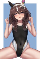 Rule 34 | 1girl, absurdres, alternate costume, animal ears, bakkasu150, braid, breasts, brown eyes, brown hair, clenched hands, collarbone, covered navel, curren bouquetd&#039;or (umamusume), hair between eyes, hair ornament, hairband, highres, looking at viewer, low twin braids, simple background, small breasts, solo, swimsuit, twin braids, umamusume