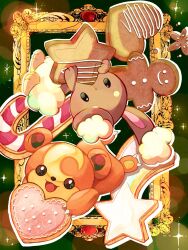 Rule 34 | black eyes, brown eyes, buneary, candy, candy cane, claws, cookie, facial mark, food, forehead mark, gen 2 pokemon, gen 4 pokemon, gingerbread man, green eyes, heart, highres, looking at viewer, nintendo, no humans, pokemon, pokemon (creature), smile, star (symbol), teddiursa, toro nika