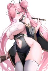 1girl absurdres azur_lane bare_shoulders black_dress black_sleeves blush breasts closed_mouth commentary double_bun dress grey_eyes hair_bun hashtag-only_commentary highres holding holding_paintbrush huge_breasts long_hair looking_at_viewer mole mole_under_eye paintbrush pink_hair simple_background sisong smile solo thighs trieste_(a_brush_of_springtime_ink)_(azur_lane) trieste_(azur_lane) twintails white_background