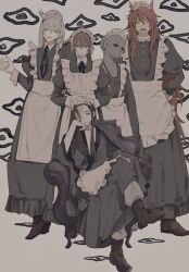 5boys alternate_costume animal_ears apron arm_behind_back armor baylord_yama black_dress black_robe black_sclera brown_hair brown_shoes chair collared_dress colored_sclera crossdressing crossed_legs crown dog_ears dress enmaided eye_symbol frilled_apron frills grace_mirchea_luslec hand_on_own_face hand_up heterochromia hidrogenxxxng jyu_viole_grace karaka long_hair long_sleeves looking_at_viewer maid maid_apron maid_headdress male_focus male_maid mini_crown multiple_boys original parted_lips red_hair robe scar scar_on_face sharp_teeth shoes sword_print teeth tower_of_god twenty-fifth_bam white_(tower_of_god) white_apron white_hair yellow_eyes