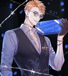 1boy artist_name barbed_wire black_background black_choker black_gloves black_vest blue_eyes box bracelet busujima_rio_mason buttons character_name chest_tattoo choker collarbone collared_shirt commentary_request dated dog_tags dress ear_piercing folded_ponytail glasses gloves grey_shirt half_gloves hand_up holding holding_box hypnosis_mic jewelry kkusako looking_at_viewer male_focus mouth_hold neck_tattoo necklace open_clothes open_collar orange_hair parted_bangs parted_lips pectoral_cleavage pectorals piercing shirt short_hair sleeveless sleeveless_dress smile solo tattoo tinted_eyewear twitter_username upper_body vest wing_collar