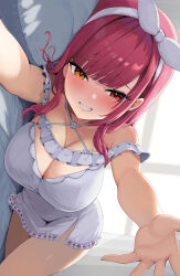 1girl blush breasts cleavage grin hair_scarf heterochromia highres hololive houshou_marine houshou_marine_(loungewear) indoors large_breasts long_hair looking_at_viewer lying nightgown on_side oritonagi red_eyes red_hair scarf smile solo thighs virtual_youtuber white_nightgown white_scarf window yellow_eyes