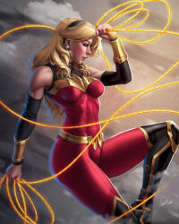1girl black_boots black_hairband black_sleeves blonde_hair blue_eyes bodysuit boots bracer breasts cassie_sandsmark dc_comics detached_sleeves douglas_bicalho earrings gold_belt hairband highres jewelry lasso_of_truth long_hair medium_breasts red_bodysuit sleeveless sleeveless_bodysuit solo thigh_boots wonder_girl wonder_woman_(series)