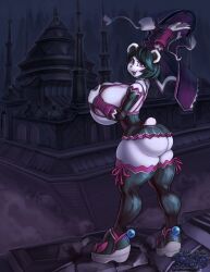 1girl animal_ears ass black_hair boots breasts choker curvy elbow_gloves eyebrows_hidden_by_hair eyelashes freedom_planet freedom_planet_2 from_behind from_side frown furry galaxytrail gloves grabbing_own_breast high_heel_boots high_heels highres huge_ass huge_breasts lingerie lipstick looking_at_viewer looking_back makeup nail_polish neera_li night open_mouth outdoors palace panda_ears panda_tail purple_hair rooftop short_hair sideboob smile snao_(asj) thick_thighs thighhighs thighs underwear undressing