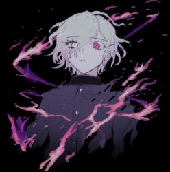 Rule 34 | 1boy, black background, eyes visible through hair, fire, gakuran, heterochromia, highres, looking at viewer, male focus, okdswts, parted lips, purple eyes, purple fire, school uniform, shion (hundred line), short hair, simple background, solo, the hundred line -last defense academy-, upper body, white eyes, white hair