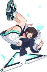 1girl aqua_neckerchief arm_up artist_request ascot ass blue_jacket blush bob_cut breasts brown_hair female_focus floating floating_object full_body glowing gradient_ascot hand_up happy highres index_finger_raised jacket legs_up light_blush long_sleeves looking_at_viewer midriff miniskirt multicolored_ascot multicolored_hair neckerchief non-web_source official_art open_mouth pictoria pink_hair pleated_skirt rainbow_neckwear sailor_collar school_uniform see-through_clothes serafuku shoes short_hair simple_background skindentation skirt small_breasts smile sneakers socks solo sports_bra streaked_hair teeth thigh_strap towa_kiseki transparent_background triangle virtual_youtuber white_sailor_collar white_skirt white_socks world_flipper yellow_eyes