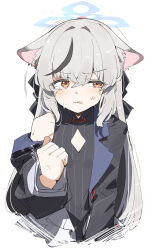 1girl angry animal_ears black_dress black_gloves black_jacket blue_archive breasts brown_eyes chinese_clothes dress gloves grey_hair jacket kokona_(blue_archive) looking_to_the_side maton_3110 multicolored_hair ribbon simple_background small_breasts solo tears twitter two-tone_hair white_background