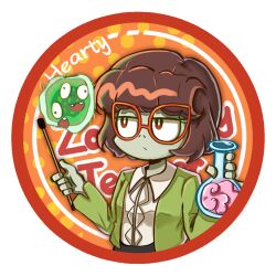 Rule 34 | 1girl, baie270467, bob cut, border, brain, breasts, bright pupils, brown hair, character name, chinese commentary, closed mouth, collared shirt, colored skin, commentary request, deformed, flask, glasses, green jacket, grey skin, hands up, highres, holding, holding flask, jacket, long sleeves, looking to the side, open clothes, open jacket, orange-framed eyewear, orange background, pinky out, plants vs. zombies, plants vs. zombies heroes, polka dot, polka dot background, red eyes, round-bottom flask, round border, shirt, short hair, simple background, small breasts, solo, transparent border, upper body, upturned eyes, virus, white pupils, white shirt, zombology teacher