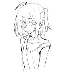 Rule 34 | 1girl, ahoge, azuma shino, closed mouth, collarbone, cropped arms, cropped torso, eyes visible through hair, fang, flat chest, lowres, monochrome, nowareno (azuma shino), original, pointy ears, ponytail, protected link, short bangs, short hair, short ponytail, simple background, skin fang, slit pupils, tank top, white background