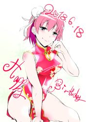1girl absurdres alternate_costume arm_between_legs bare_arms blush breasts bun_cover china_dress chinese_clothes cleavage cleavage_cutout closed_mouth clothing_cutout commentary_request dated dress earrings hair_bun happy_birthday head_rest highres invisible_chair jewelry medium_breasts pelvic_curtain pink_hair print_dress red_dress shisui_ao short_hair side_slit single_hair_bun single_side_bun sitting sleeveless sleeveless_dress solo spread_legs thighs yahari_ore_no_seishun_lovecome_wa_machigatteiru. yuigahama_yui