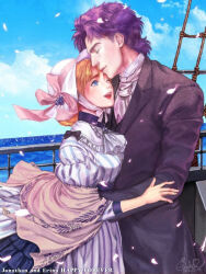 1boy 1girl blonde_hair blue_eyes blue_hair cloud cloudy_sky couple dress erina_pendleton formal_clothes happy hug husband_and_wife jojo_no_kimyou_na_bouken jonathan_joestar kiss ocean sakura_petals ship sky smile suit watercraft