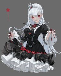 1girl absurdres albelda black_dress commentary crown dress flower grey_background grey_hair grey_hairband hairband highres juliet_sleeves long_hair long_sleeves looking_at_viewer mini_crown open_mouth puffy_sleeves red_eyes red_flower rolling-ruffles simple_background smile solo symbol-only_commentary tower_of_god very_long_hair