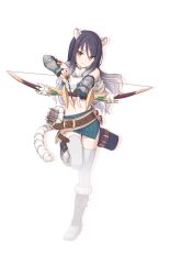 1girl aiming aiming_at_viewer animal_ears arrow_(projectile) bandeau bare_shoulders belt black_hair bow_(weapon) brown_belt closed_mouth drop_shadow full_body gradient_hair green_skirt hair_between_eyes head_tilt holding holding_arrow holding_bow_(weapon) holding_weapon long_hair looking_at_viewer miniskirt multicolored_hair navel official_art princess_connect! serious shiori_(princess_connect!) simple_background skirt solo standing standing_on_one_leg tachi-e tail thighhighs tiger_ears tiger_girl tiger_tail transparent_background v-shaped_eyebrows weapon white_bandeau white_hair white_thighhighs yellow_eyes zettai_ryouiki