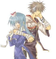 1boy 1girl 2000s_(style) arm_around_shoulder bandaged_arm bandages beads black_coat black_thighhighs blue_dress blue_eyes blue_hair brown_hair closed_mouth coat commentary_request cowboy_shot dress earrings garter_straps gold_trim hat headphones jewelry juliet_sleeves long_hair long_sleeves looking_afar looking_at_viewer monk_(ragnarok_online) multicolored_coat prayer_beads priest_(ragnarok_online) puffy_sleeves ragnarok_online short_hair short_sleeves simple_background smile thighhighs white_background white_coat white_hat yuina_(yuina_h)