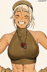 1girl abs bare_shoulders blush breasts closed_eyes crop_top dark-skinned_female dark_skin facing_viewer fang fangs gloves grin hat highres jewelry medium_breasts midriff military mole mole_on_shoulder muscular muscular_female navel necklace nika_(usergore) original short_hair simple_background sleeveless smile smug solo sports_bra tan tank_top teeth tomboy toned ukraine upper_body usergore white_hair