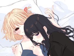 2girls absurdres black_hair black_shirt blonde_hair blue_camisole blush camisole closed_mouth commentary_request cuddling hand_in_another&#039;s_hair highres inoue_takina long_hair lycoris_recoil lying_on_person multiple_girls nishikigi_chisato on_bed pan_pi parted_lips pillow purple_eyes red_eyes shirt short_sleeves smile yuri