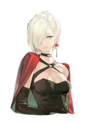 1girl absurdres black_dress black_gloves blonde_hair blue_eyes breasts choker cleavage cloak cropped_torso dress earrings elbow_gloves facing_viewer gloves hair_over_one_eye highres key_earrings long_hair medium_breasts quuni banner_of_the_maid short_hair solo white_background