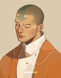 1boy aang aged_up alternate_costume arrow_tattoo artist_name avatar:_the_last_airbender avatar_legends closed_eyes closed_mouth glasses head_tattoo highres jacket long_sleeves male_focus nekokonut22 orange_jacket shirt short_hair sideburns simple_background solo upper_body very_short_hair white_shirt