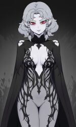 Rule 34 | 1girl, agrat bat mahlat (megami tensei), black cape, braid, breasts, cape, cleavage, cleavage cutout, clothing cutout, colored sclera, edmonmondo, grey background, grey hair, highres, long sleeves, looking at viewer, medium breasts, navel, pale skin, pointy ears, red eyes, red sclera, shin megami tensei, shin megami tensei v, shin megami tensei v: vengeance, short hair, thighs, twin braids