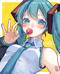 1girl absurdres aqua_eyes aqua_hair aqua_nails aqua_necktie breasts candy commentary_request detached_sleeves food hair_between_eyes hair_ornament hatsune_miku highres holding holding_candy holding_food holding_lollipop lollipop long_hair long_sleeves looking_at_viewer mai_mugi medium_breasts necktie shirt sleeveless sleeveless_shirt solo twintails vocaloid white_shirt