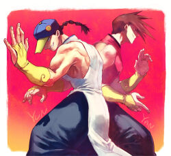 Rule 34 | 2boys, arms up, back-to-back, bare shoulders, baseball cap, black pants, border, braid, bridal gauntlets, brothers, brown hair, character name, chinese clothes, closed mouth, collared shirt, commentary request, grin, hat, male focus, multiple boys, muscular, muscular male, pants, red shirt, shirt, siblings, single braid, sleeveless, smile, street fighter, street fighter iii (series), tangzhuang, twins, white border, white shirt, yang lee, yellow bridal gauntlets, yun lee, yuza