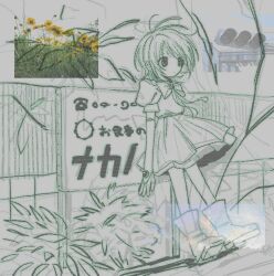 Rule 34 | 1girl, boots, dress, elbow gloves, flower, full body, gloves, highres, jaggy lines, leaning, neck ribbon, original, outdoors, pepeppepe101, photo inset, plant, puffy short sleeves, puffy sleeves, ribbon, short dress, short hair, short sleeves, sign, solo, standing, traffic light, yellow flower