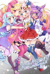 Rule 34 | 4girls, :d, animal ear fluff, animal ears, arm up, bare arms, bell, belt, black bow, black bowtie, black pantyhose, black thighhighs, blonde hair, blue eyes, blue hair, blue hairband, blue shirt, blue thighhighs, blunt bangs, bow, bowtie, bracelet, buttons, cat ears, center frills, collared shirt, copyright name, delmin (show by rock!!), demon girl, demon horns, demon tail, double-breasted, dress, drill hair, fox ears, frilled skirt, frills, full body, gradient background, group picture, hair bell, hair bow, hair ornament, hairband, heart, heart arms, heart arms duo, highres, horns, howan (show by rock!!), jewelry, leg up, long hair, looking at viewer, marin704, mashima himeko (show by rock!!), multicolored hair, multiple girls, neckerchief, necktie, open mouth, outstretched arm, pantyhose, pink eyes, pink horns, pink shoes, pink skirt, pink thighhighs, puffy short sleeves, puffy sleeves, purple dress, purple hair, purple necktie, red footwear, red skirt, ruhuyu (show by rock!!), sailor collar, shirt, shoes, short sleeves, show by rock!!, simple background, skirt, sleeveless, sleeveless shirt, smile, star (symbol), tail, thighhighs, two-tone hair, v, white background, white dress, white shirt, wolf ears, wolf girl, wolf tail, yellow neckerchief
