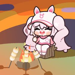 1girl absurdres alice_(nikke) alice_(sweet_home)_(nikke) animal_ear_headwear animal_ears animal_print baseball_cap campfire chibi eating fake_animal_ears floating_headgear food goddess_of_victory:_nikke hair_between_eyes hair_through_headwear hat highres hood hood_down hoodie kiwi_forest kiwichip long_hair marshmallow official_alternate_costume outdoors pink_hair pink_hoodie pink_sleeves roasted_marshmallow saliva sidelocks sitting solo twintails two-tone_hoodie white_hoodie