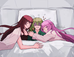 3girls bed black_camisole blank_eyes blanket breasts brown_hair camisole cleavage closed_eyes commentary earrings eden_(honkai_impact) elf elysia_(honkai_impact) english_commentary eulyin_huan green_hair green_shirt heart honkai_(series) honkai_impact_3rd hug jewelry large_breasts long_hair mobius_(honkai_impact) multiple_girls on_bed open_mouth ouroboros pillow pink_hair pink_shirt pointy_ears shirt twitter_username under_covers yuri