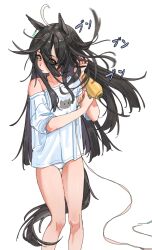 1girl ahoge animal_ears animal_print cat_ears cat_print drying drying_hair drying_own_hair ear_tag earrings eyes_visible_through_hair floating_hair hair_between_eyes hair_dryer highres holding holding_hair_dryer horse_ears horse_girl horse_tail jewelry long_bangs long_hair long_hair_between_eyes manhattan_cafe_(umamusume) messy_hair multicolored_hair nasknnaskn panties shirt short_sleeves simple_background single_earring single_off_shoulder solo t-shirt tail translation_request umamusume underwear very_long_hair white_background white_hair white_panties white_shirt yellow_eyes