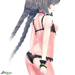 Rule 34 | 1girl, aldina (vrchat), areola slip, arm at side, arms at sides, ass, back, bandaid, bandaids on nipples, bare arms, bare back, bare shoulders, black bra, black choker, black panties, blush, bow, bra, braid, breastless clothes, breasts, breasts out, butt crack, choker, clenched hand, closed mouth, cowboy shot, crotchless, crotchless panties, cupless bra, dimples of venus, embarrassed, eyes visible through hair, frilled bra, frilled panties, frills, from behind, from side, frown, green ribbon, grey eyes, grey hair, lace, lace-trimmed bra, lace-trimmed panties, lace bra, lace panties, lace trim, lingerie, long hair, looking at viewer, looking back, looking to the side, low twintails, lowleg, lowleg panties, medium breasts, nipples, original, panties, pasties, profile, revealing clothes, ribbon, scrunchie, see-through clothes, shoulder blades, sideboob, simple background, small breasts, solo, standing, thighs, twin braids, twintails, underwear, underwear only, unity (medium), very long hair, vrchat, vrchat (medium), white background, wrist cuffs, wrist scrunchie, wristband, yorshkasencho