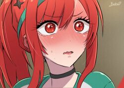 Rule 34 | 1girl, aqua shirt, backsine, black choker, blush, choker, commentary, english commentary, goddess of victory: nikke, green background, official alternate hair color, open mouth, rapi (nikke), rapi (red hood) (nikke), rapi (red hood) (red flavor) (nikke), red eyes, red hair, shirt, signature, solo, upper body