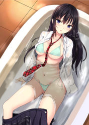 1girl :o aqua_bikini bathing between_breasts bikini bikini_under_clothes black_hair black_skirt blunt_bangs blush breasts cleavage clothes_pull collarbone collared_shirt commentary_request female_focus hands_in_opposite_sleeves highres indoors kurokami_(kurokaminohito) long_hair long_sleeves looking_at_viewer looking_up lying medium_breasts navel necktie necktie_between_breasts on_back open_clothes open_shirt open_skirt original parted_lips partially_submerged plaid_clothes plaid_necktie plaid_neckwear pleated_skirt purple_eyes red_necktie see-through_clothes shirt side-tie_bikini_bottom skirt skirt_pull solo stomach string_bikini swimsuit tile_floor tiles underboob water wet wet_clothes wet_shirt white_shirt wing_collar