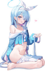 1girl arona_(blue_archive) blue_archive blue_eyes blue_hair clothes_pull highres huwari_(dnwls3010) multicolored_hair no_panties open_mouth short_hair simple_background skirt skirt_down solo two-tone_hair