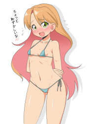 1girl absurdres aqua_bikini arms_behind_back bikini commentary_request contrapposto gradient_background green_eyes highres long_hair looking_at_viewer micro_bikini open_mouth orange_hair ruri_no_houseki side-tie_bikini_bottom simple_background solo swimsuit tanigawa_ruri translation_request white_background yamatotatari