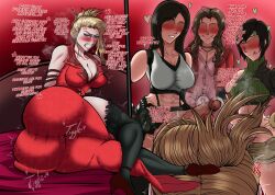 1girl 3futa aerith_gainsborough angry ass black_hair blonde_hair blush breasts brown_hair english_text faceless faceless_female final_fantasy final_fantasy_vii futanari huge_breasts huge_penis long_hair looking_at_viewer multiple_futa nervous nervous_sweating penis scarlet_(ff7) smile square_enix sweat testicles themarvelousfan tifa_lockhart tongue tongue_out veins veiny_penis yuffie_kisaragi