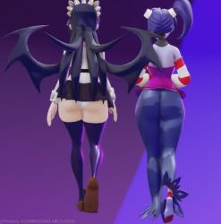 2girls 3d animated ass ass_focus black_hair dress filia_(skullgirls) from_behind long_hair lowres multiple_girls ponytail prevence purple_hair shiny_clothes shiny_skin skullgirls squigly_(skullgirls) thick_thighs thighhighs thighs undead very_long_hair video walking zombie zombie_girl