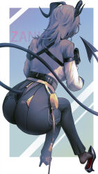 1girl 2464647821 ass ass_focus black_horns black_pants blue_background border breasts character_name collared_shirt crossed_legs demon_girl demon_horns demon_tail high-waist_pants high_heels highres horns large_breasts outside_border pants shirt sitting solo tail thighs white_border white_hair wuthering_waves zani_(wuthering_waves)