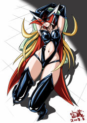 Rule 34 | 1girl, blonde hair, blue eyes, boots, breasts, cape, chair, clothing cutout, doronjo, elbow gloves, eyeshadow, female focus, full body, gloves, large breasts, latex, leotard, long hair, makeup, mask, navel, navel cutout, sitting, solo, tatsunoko production, thigh boots, thighhighs, time bokan (series), tomizofu, yatterman