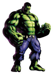 1boy 3d absurdres barefoot black_hair bruce_banner capcom colored_skin green_eyes green_skin highres hulk male_focus marvel marvel_vs._capcom marvel_vs._capcom_3 mori_toshiaki muscular official_art solo topless_male torn_clothes