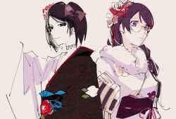 Rule 34 | 2girls, black sash, floral print, flower, hair flower, hair ornament, hanekawa tsubasa, highres, japanese clothes, kimono, long hair, looking at viewer, medium hair, monogatari (series), multiple girls, oshino ougi, purple eyes, purple hair, red flower, red rose, rose, sash, sonnambulo777, two-tone kimono, white background, white kimono