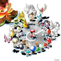 2girls 6+boys arm_behind_back ascot backwards_hat barefoot bird black_gloves black_vest blonde_hair blue_hair blue_pants brock_(pokemon) brown_footwear brown_hair camera cheren_(pokemon) chili_(pokemon) cilan_(pokemon) clenched_hand closed_eyes closed_mouth commentary_request crabrawler cranidos cress_(pokemon) crossed_arms dress dynamax eldegoss falkner_(pokemon) fingerless_gloves from_above gen_1_pokemon gen_3_pokemon gen_4_pokemon gen_5_pokemon gen_6_pokemon gen_7_pokemon gen_8_pokemon geodude gloves gossifleur green_hair green_pants hala_(pokemon) hand_on_own_hip hand_up hat helmet holding holding_camera holding_poke_ball index_finger_raised jacket kleavor lillipup long_hair long_sleeves makuhita mankey milo_(pokemon) multiple_boys multiple_girls nintendo nosepass onix panpour pansage pansear pants patrat pidgeotto pidgey pink_ascot pointing poke_ball poke_ball_print pokemon pokemon_(creature) pokemon_bw pokemon_bw2 pokemon_dppt pokemon_gsc pokemon_rgby pokemon_rse pokemon_sm pokemon_swsh pokemon_xy pokeyugami red_(pokemon) red_hair red_headwear retro_artstyle roark_(pokemon) roxanne_(pokemon) shirt shoes short_hair short_sleeves sleeveless sleeveless_shirt spiked_hair standing surskit topknot topless_male twitter_username vest viola_(pokemon) vivillon white_hair white_shirt wristband