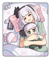 1girl absurdres akai_3_1415926 bed black_hairband blush closed_eyes drooling fumo_(doll) green_shirt grey_hair hairband highres konpaku_youmu konpaku_youmu_(ghost) medium_hair open_mouth phone pillow shirt sleeping tissue touhou used_tissue